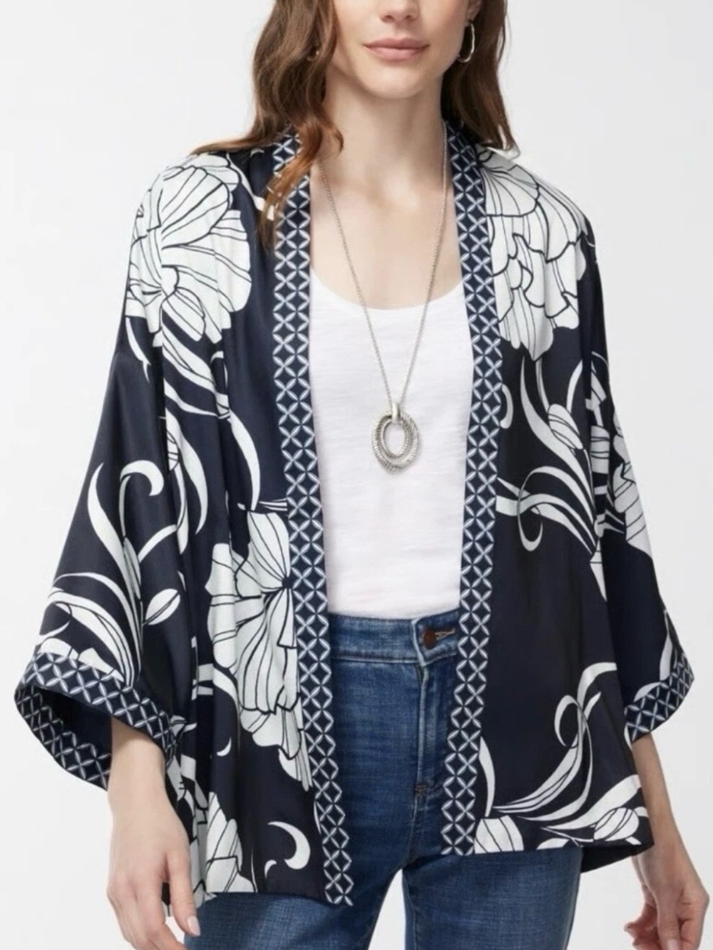 Chico's Reversible Black & White Floral Polka Dot Kimono Jacket Size L/XL - Picture 2 of 8
